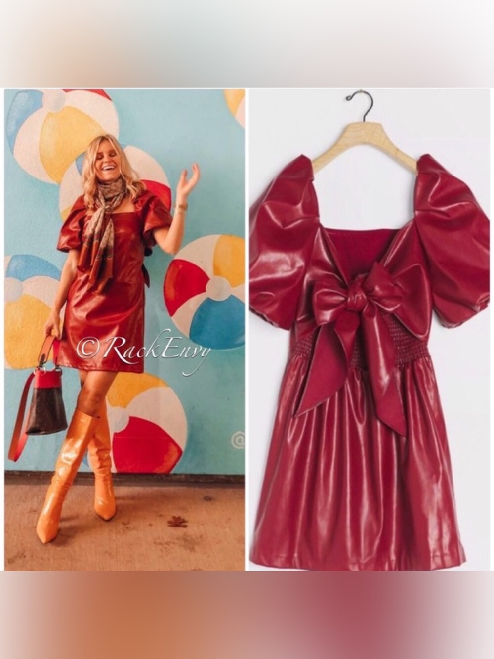 Anthropologie Red Faux-Leather Puff-Sleeve Mini Dress with Bow